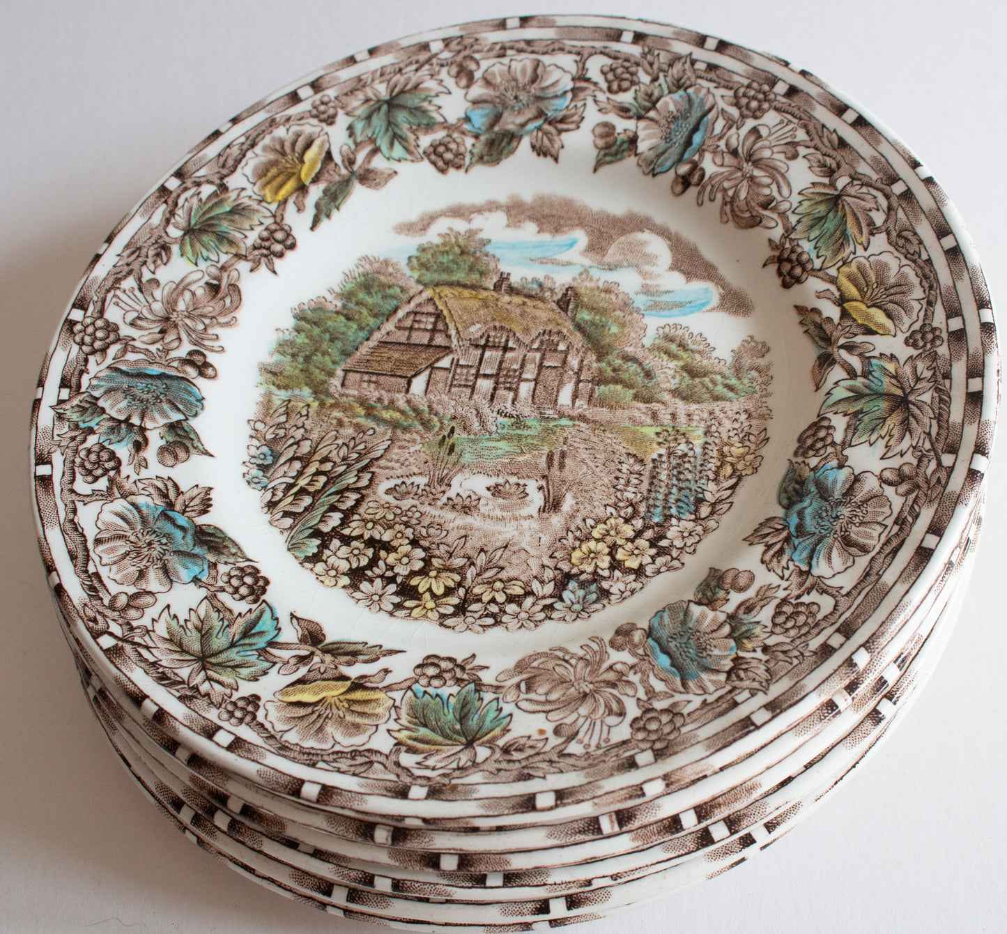 Barratts Staffordshire 'Cottage Garden' Brown Transferware 7" Side Plates (6)