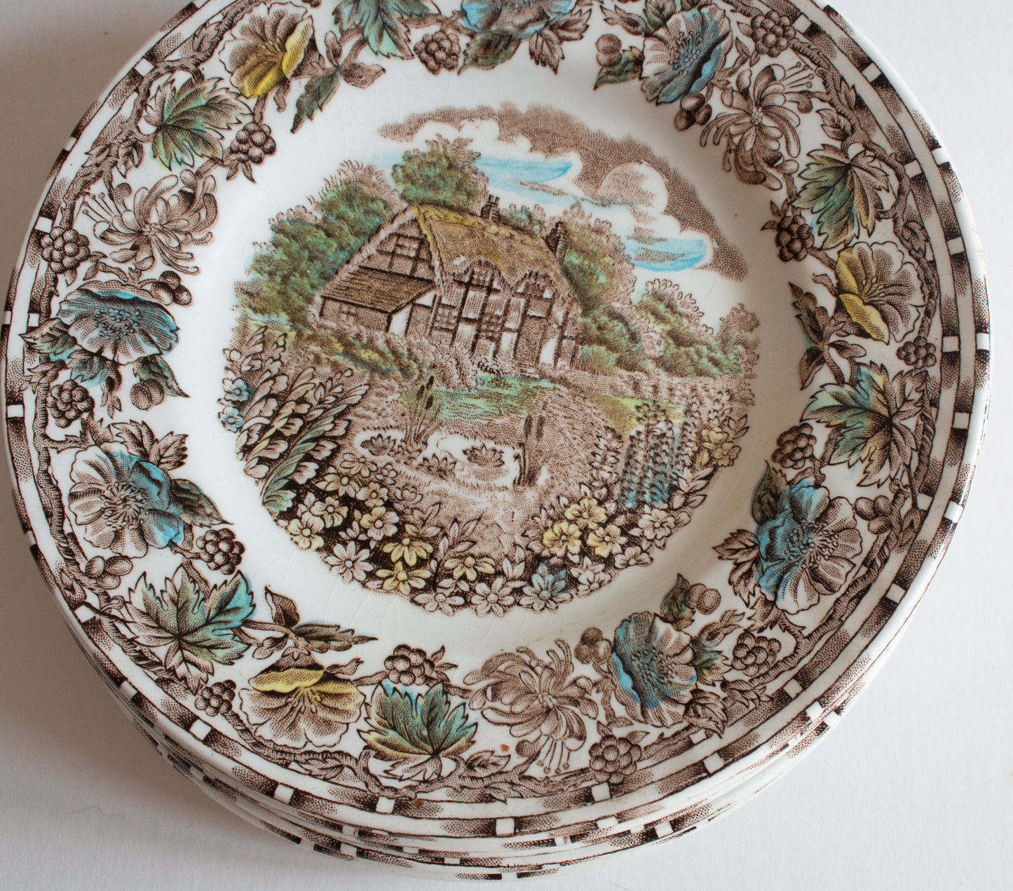 Barratts Staffordshire 'Cottage Garden' Brown Transferware 7" Side Plates (6)