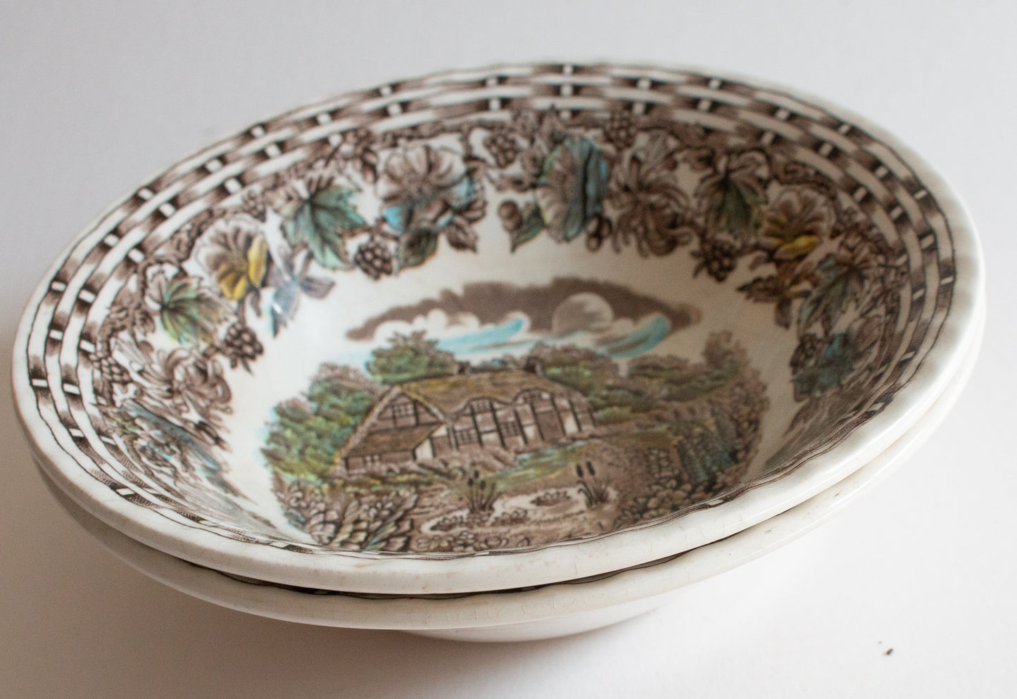 Barratts Staffordshire 'Cottage Garden' Brown Transferware Cereal or Dessert Bowls (2)