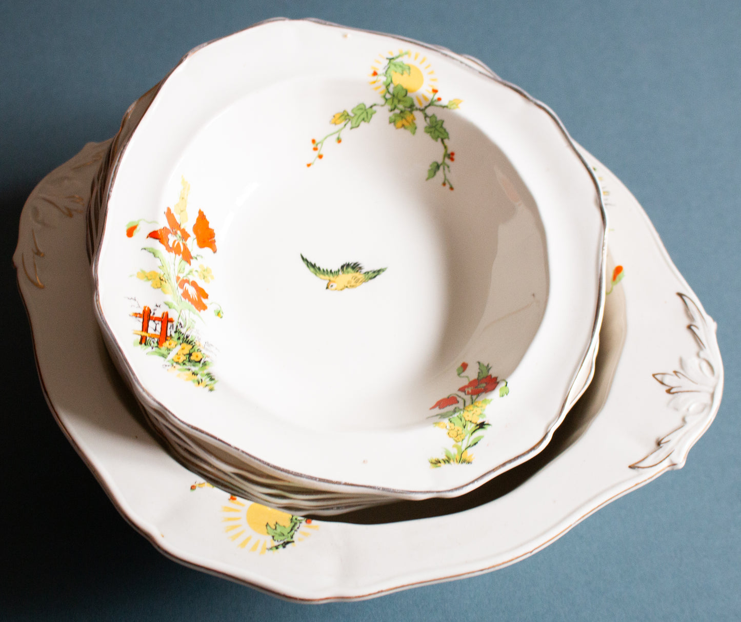 Vintage Alfred Meakin England Dessert Bowl Set with Bird and Floral Detail