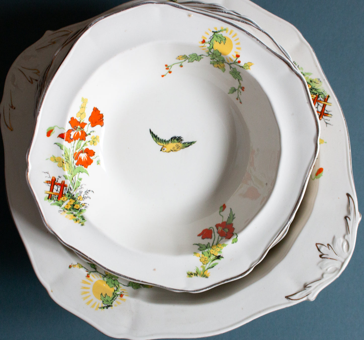 Vintage Alfred Meakin England Dessert Bowl Set with Bird and Floral Detail