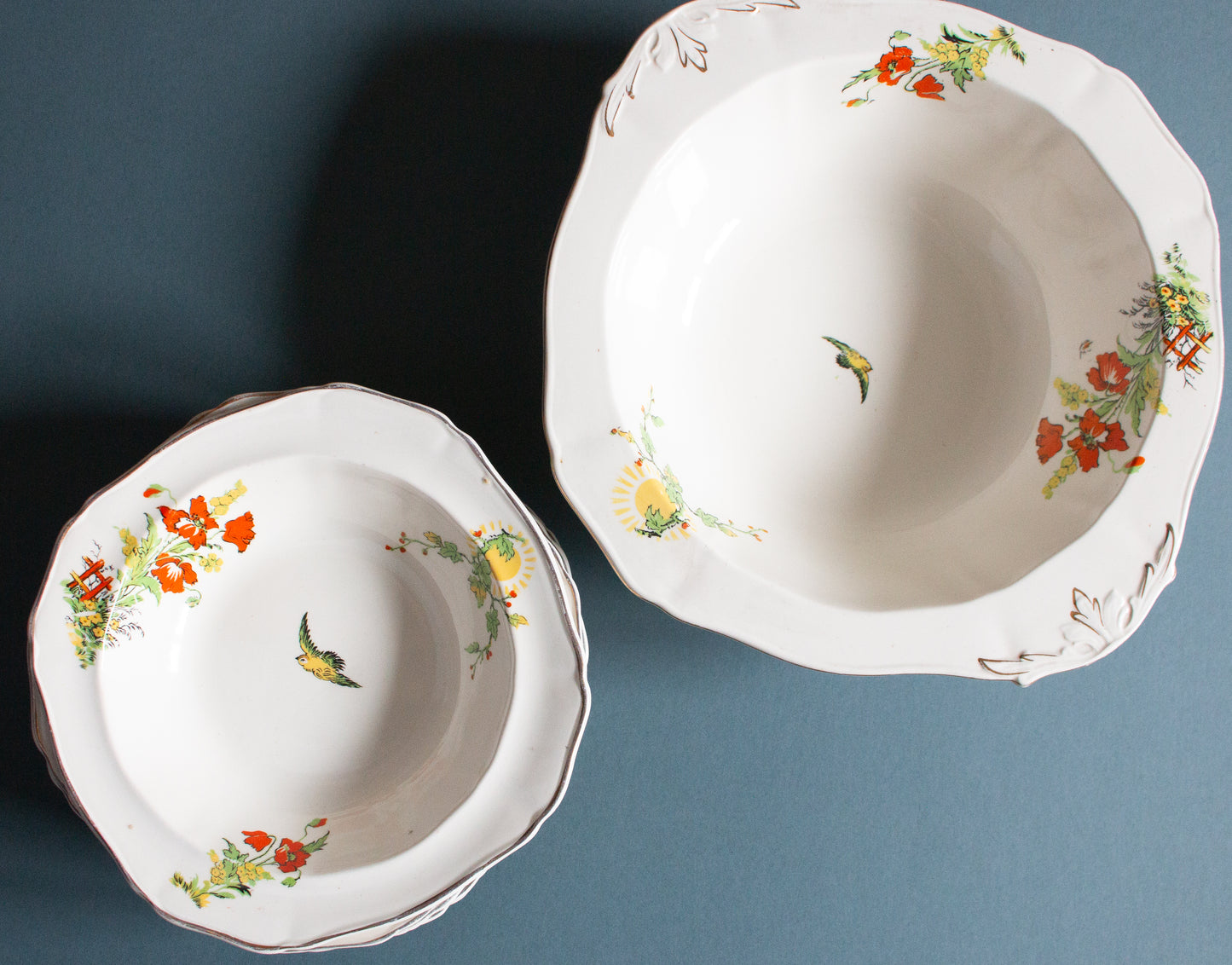 Vintage Alfred Meakin England Dessert Bowl Set with Bird and Floral Detail