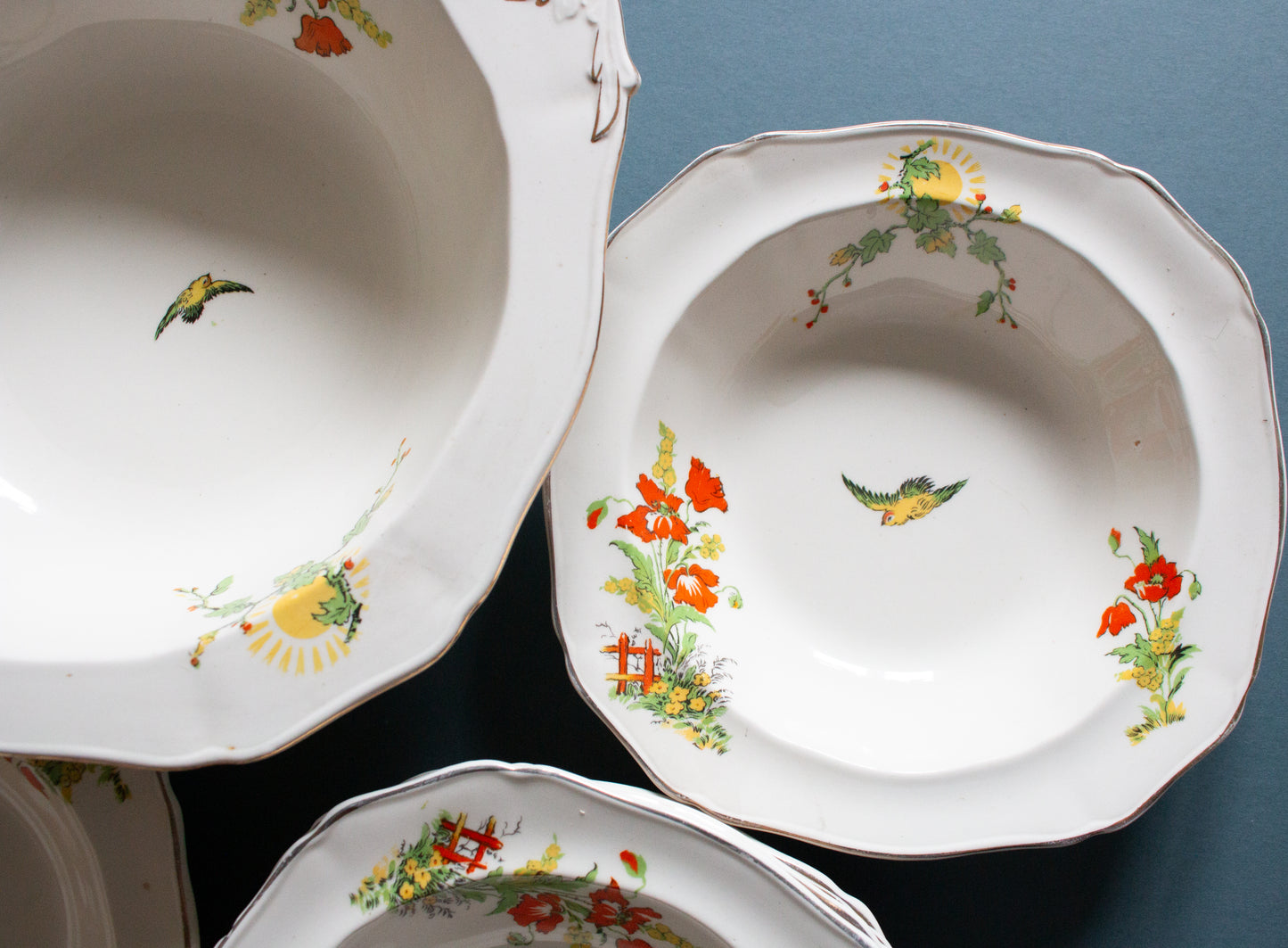 Vintage Alfred Meakin England Dessert Bowl Set with Bird and Floral Detail