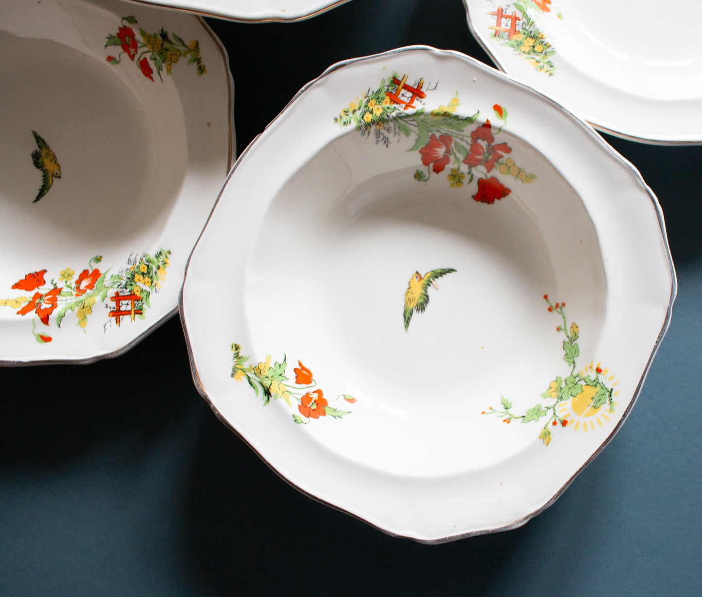 Vintage Alfred Meakin England Dessert Bowl Set with Bird and Floral Detail