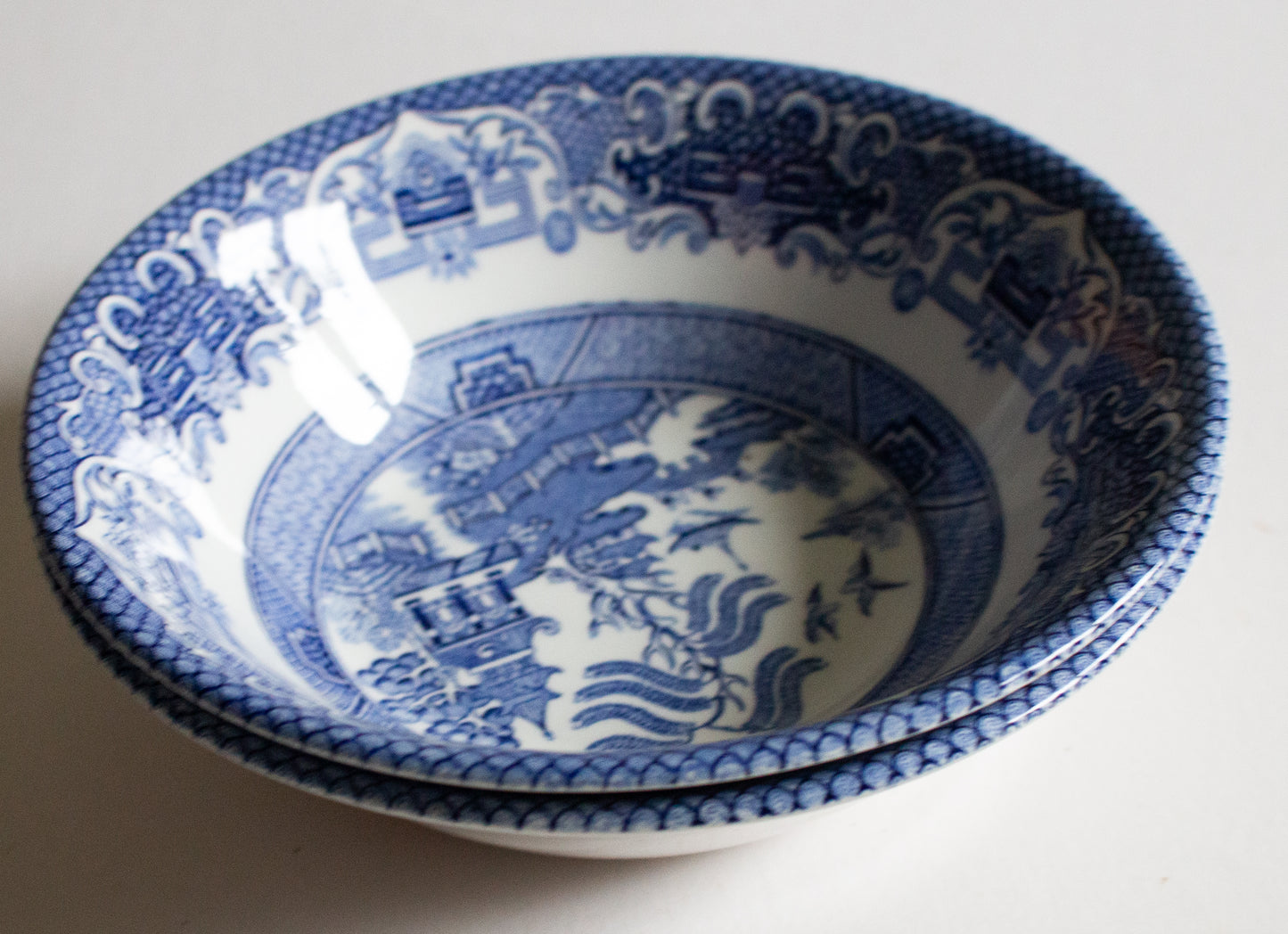English Ironstone Tableware 'Willow' Pattern Blue and White Transferware Cereal or Dessert Bowls (2)