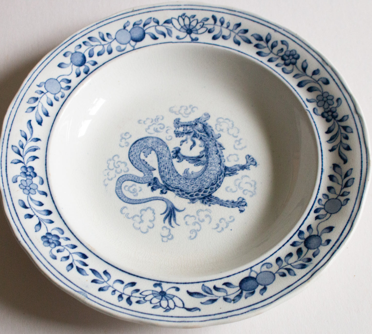 Adderleys Ltd. 'Shang' Pattern Rimmed Blue and White Transferware Soup Bowls or Fruit Saucer