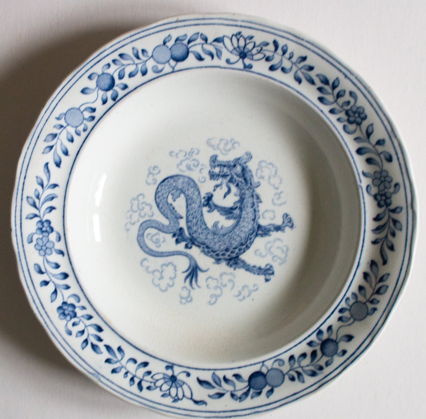 Adderleys Ltd. 'Shang' Pattern Rimmed Blue and White Transferware Soup Bowls or Fruit Saucer