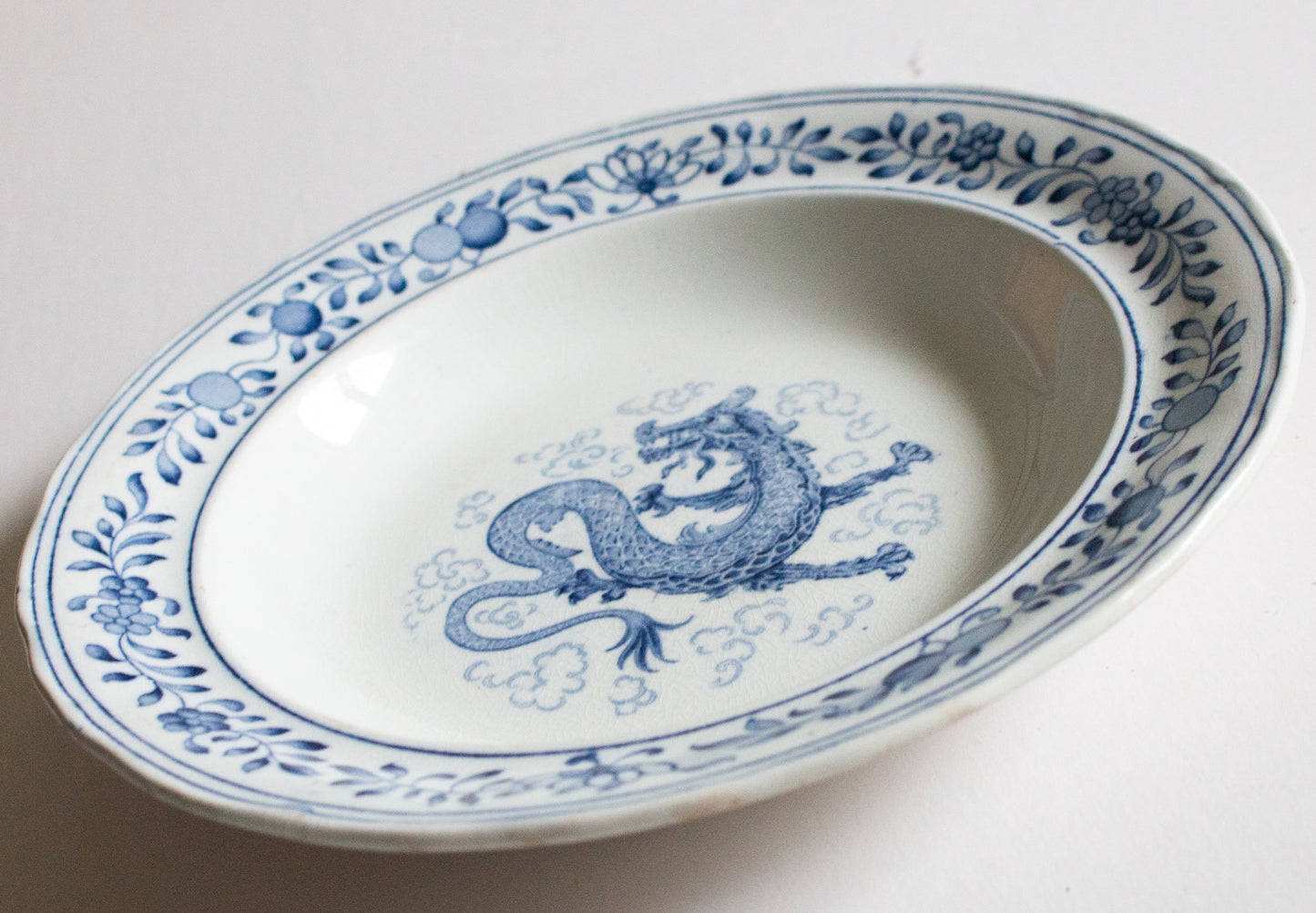 Adderleys Ltd. 'Shang' Pattern Rimmed Blue and White Transferware Soup Bowls or Fruit Saucer