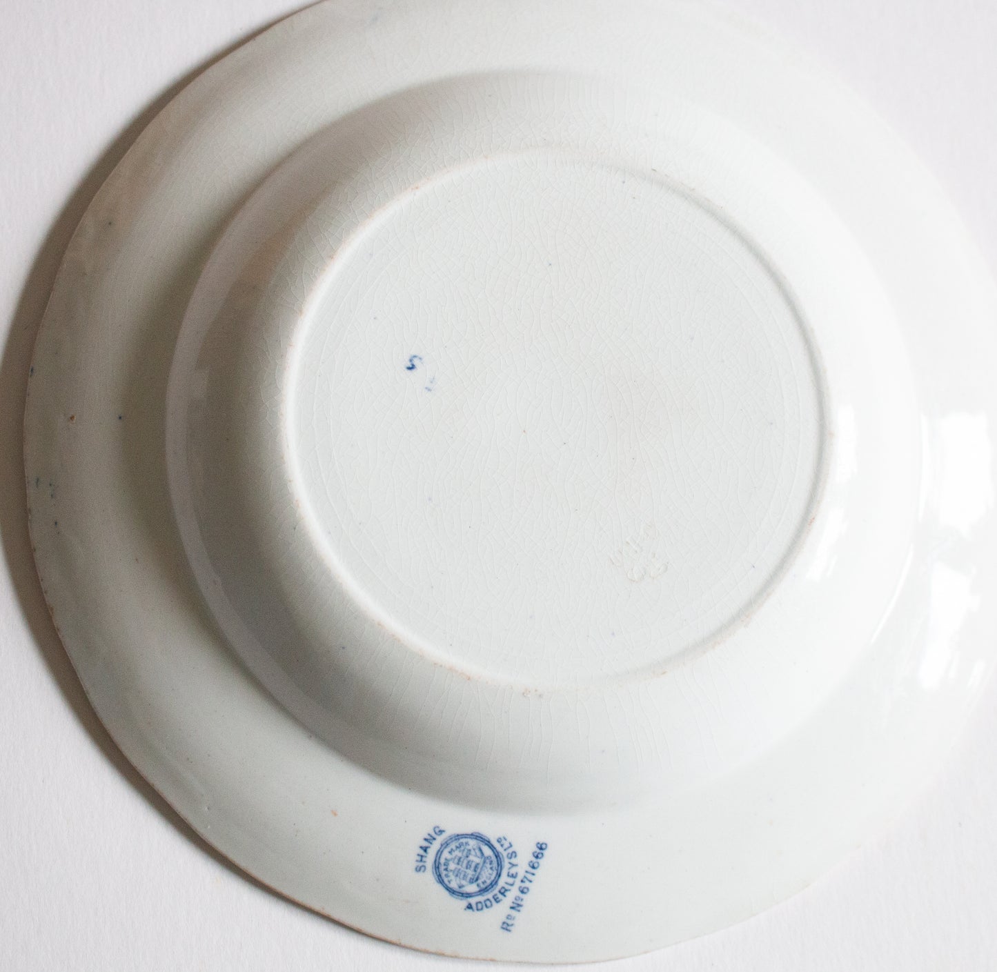 Adderleys Ltd. 'Shang' Pattern Rimmed Blue and White Transferware Soup Bowls or Fruit Saucer