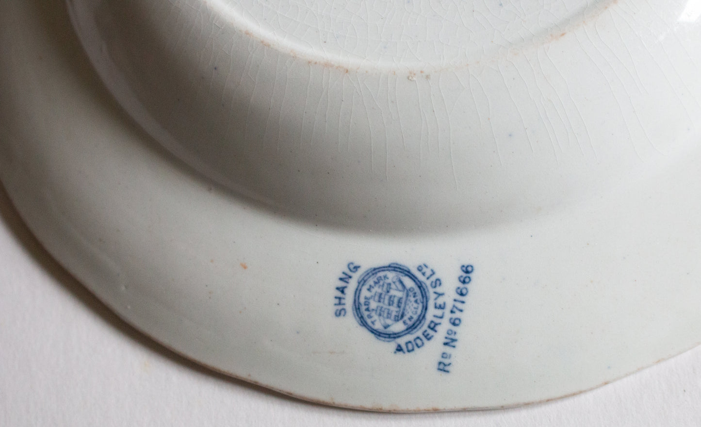 Adderleys Ltd. 'Shang' Pattern Rimmed Blue and White Transferware Soup Bowls or Fruit Saucer