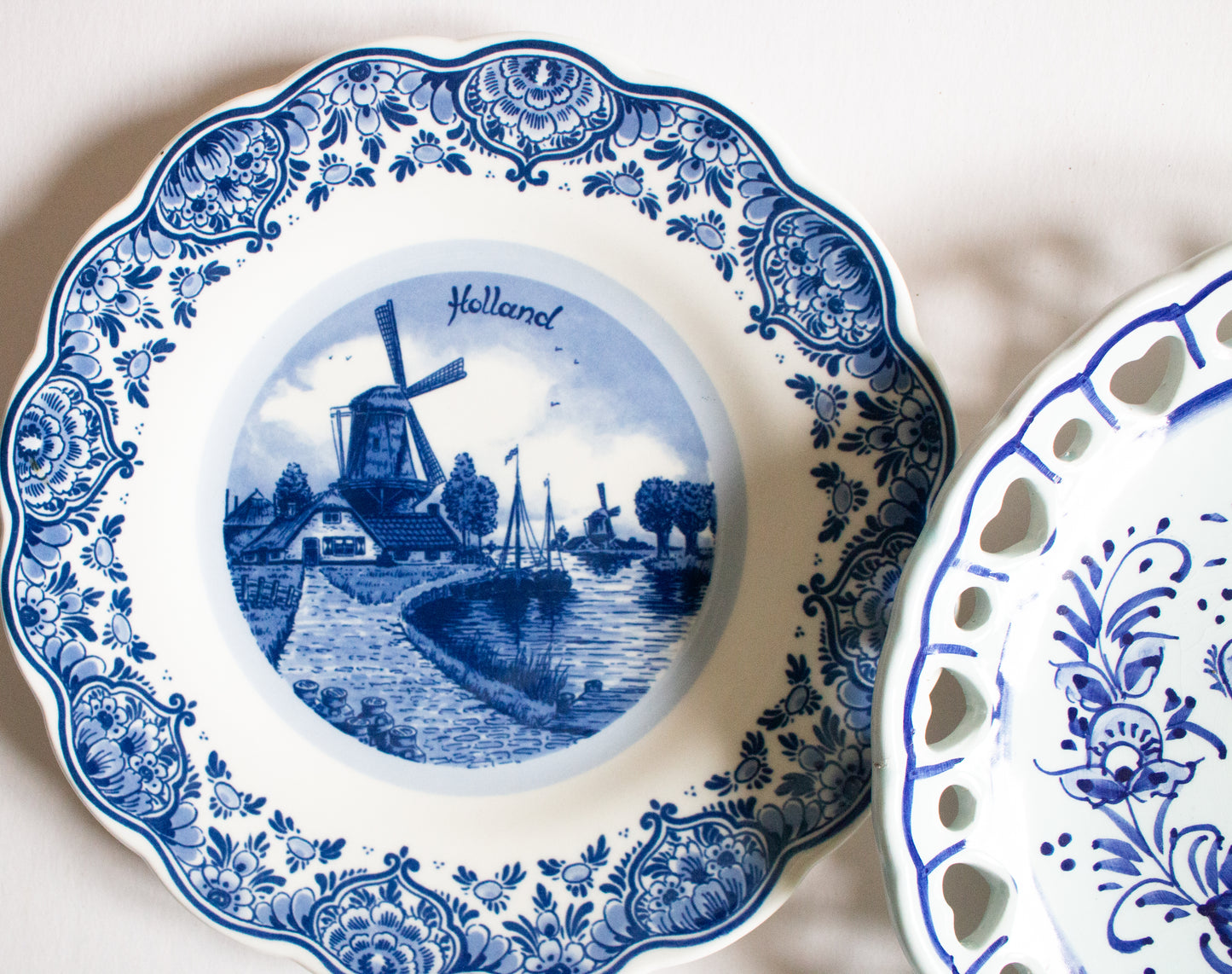 Delft Mismatched Blue and White Transferware 8" Pictorial Plates (2)