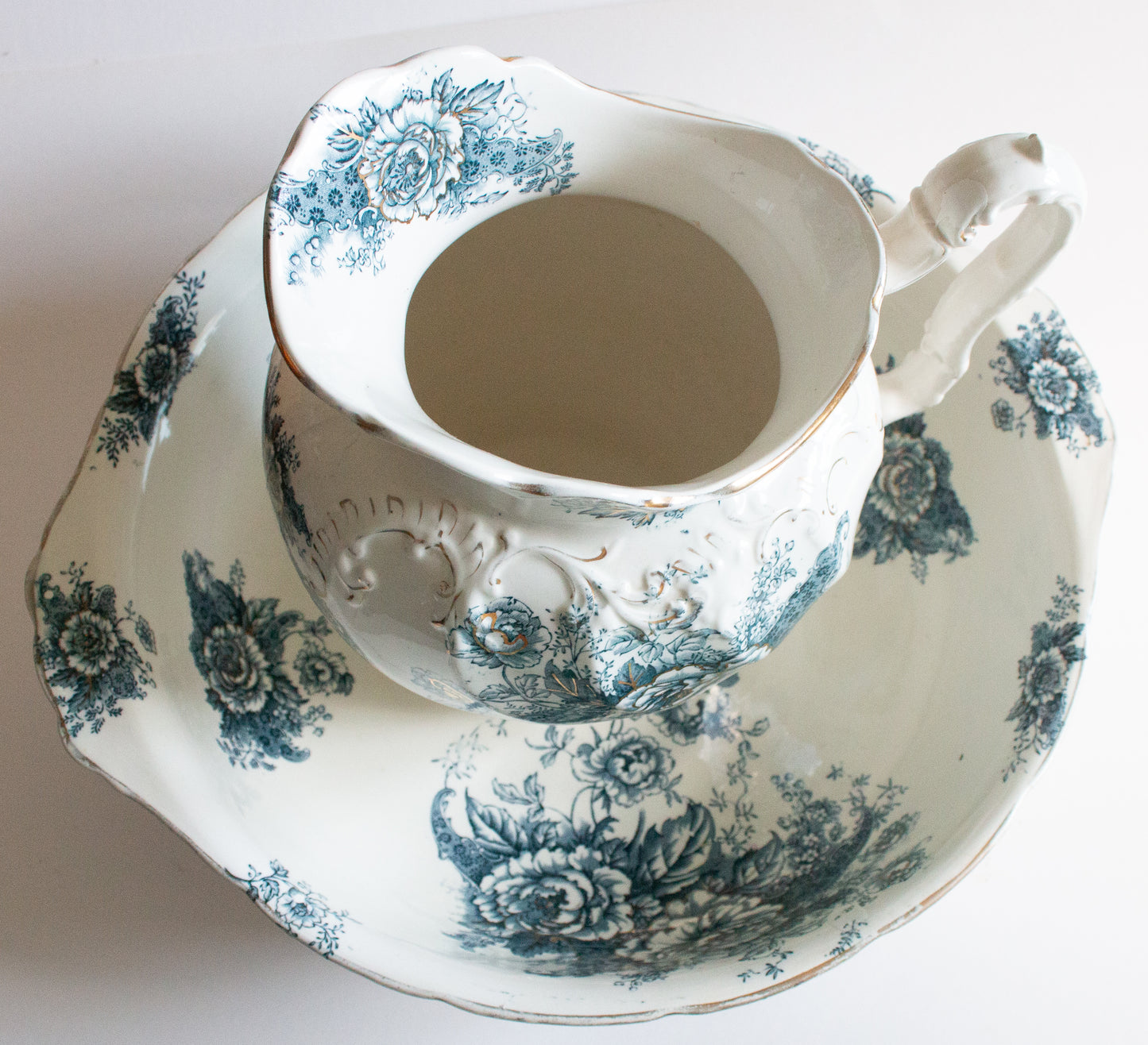 Stoke Pottery 'Peony' Antique Blue and White Transferware Wash Jug and Bowl