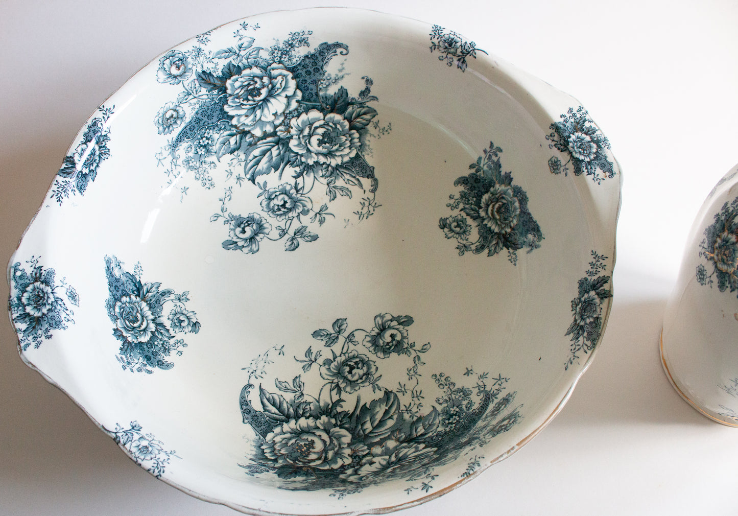 Stoke Pottery 'Peony' Antique Blue and White Transferware Wash Jug and Bowl