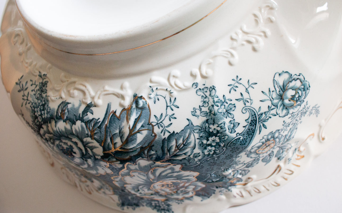 Stoke Pottery 'Peony' Antique Blue and White Transferware Wash Jug and Bowl