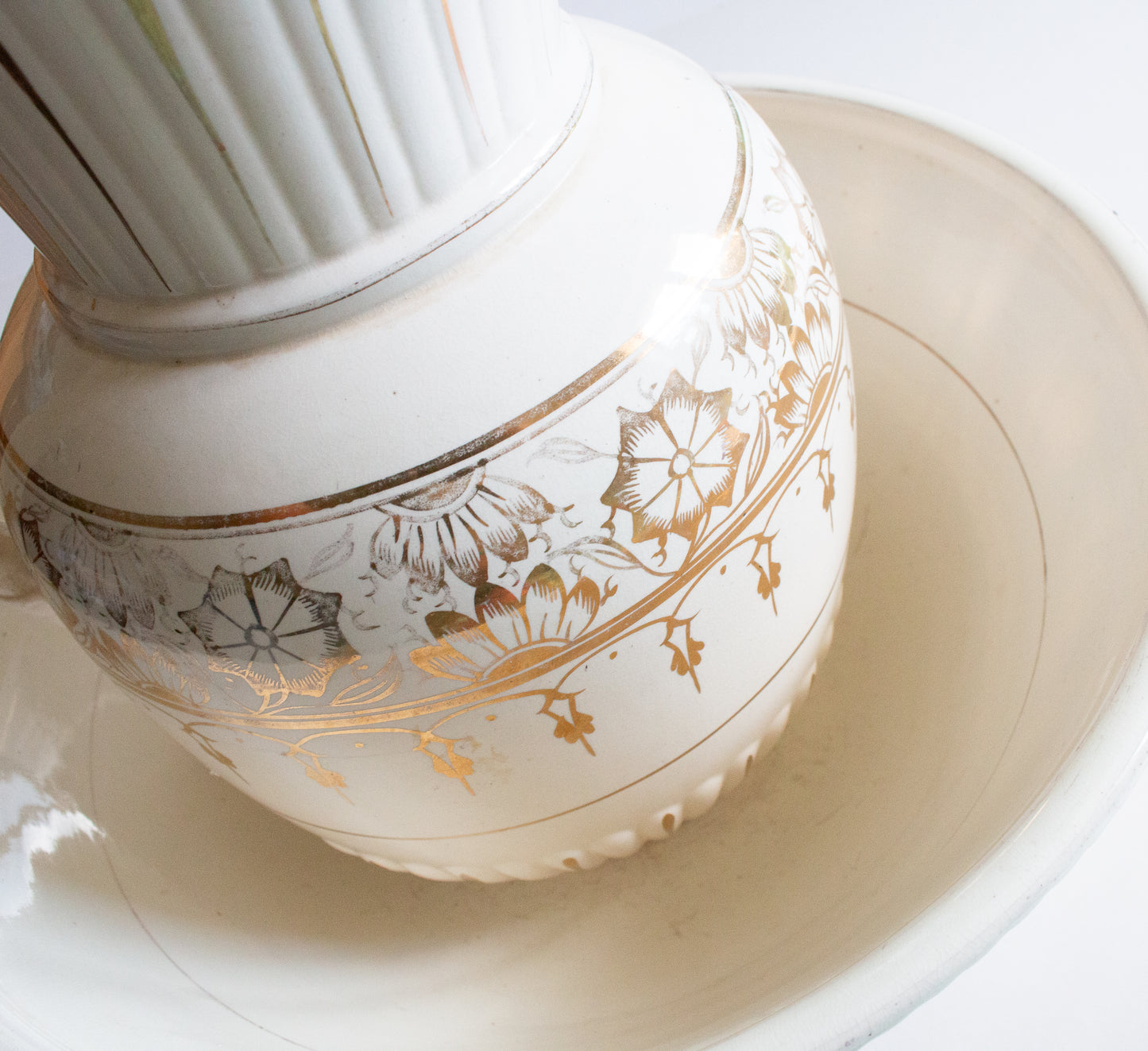 Large Antique White and Gold Wash Jug and Bowl