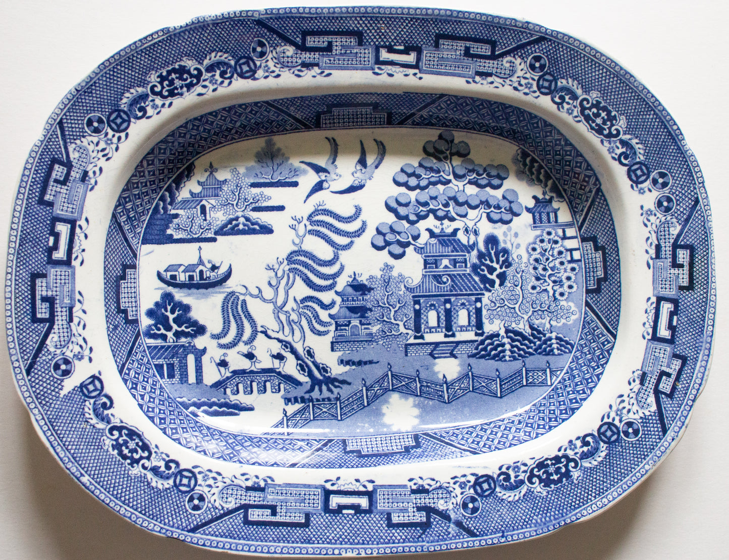 Antique Dillwyn Swansea 'Improved Willow' Pattern 14" Blue and White Transferware Serving Platter