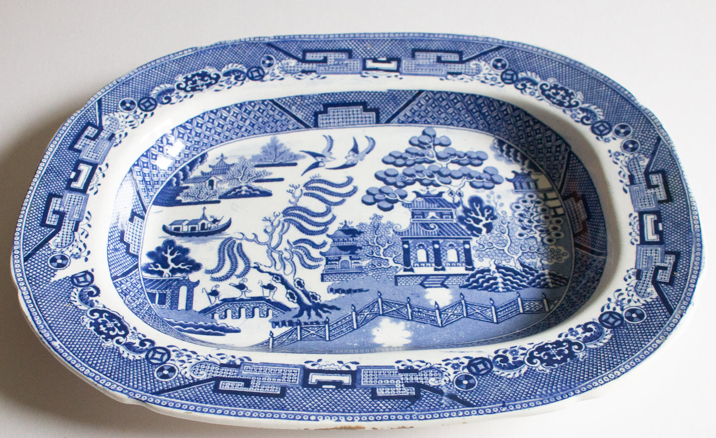 Antique Dillwyn Swansea 'Improved Willow' Pattern 14" Blue and White Transferware Serving Platter