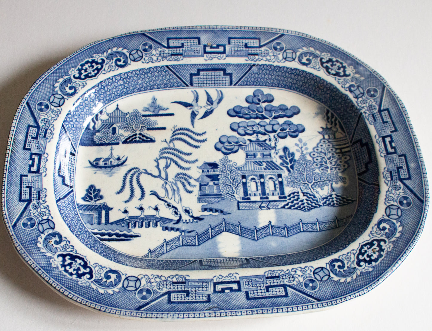 Antique Willow Pattern 13.5" Blue and White Transferware Serving Platter