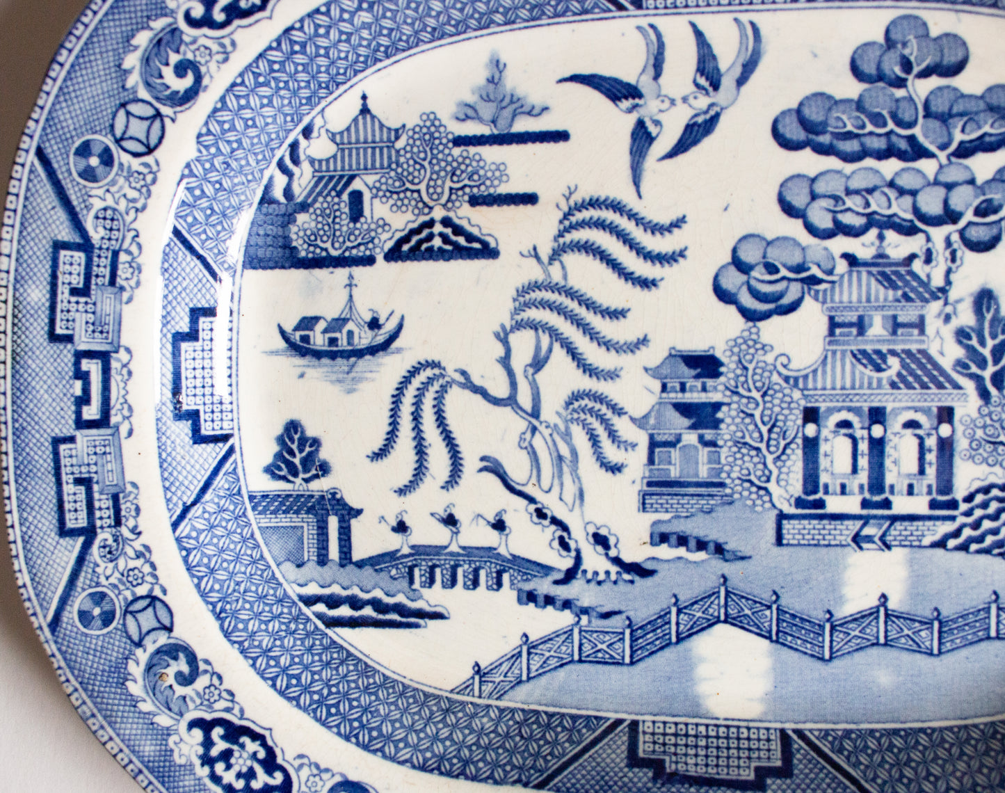 Antique Willow Pattern 13.5" Blue and White Transferware Serving Platter