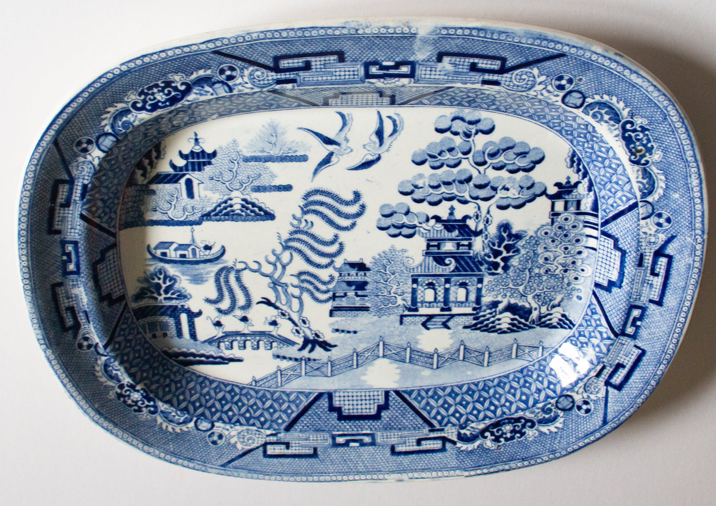 Antique 'Opaque China' Willow Pattern 15" Blue and White Transferware Serving Platter