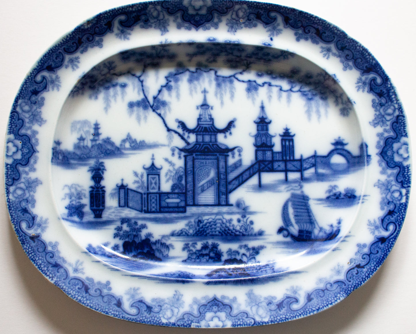 Antique Dillwyn & Co. 'Whampoa' Pattern 17" Flow Blue Meat Platter