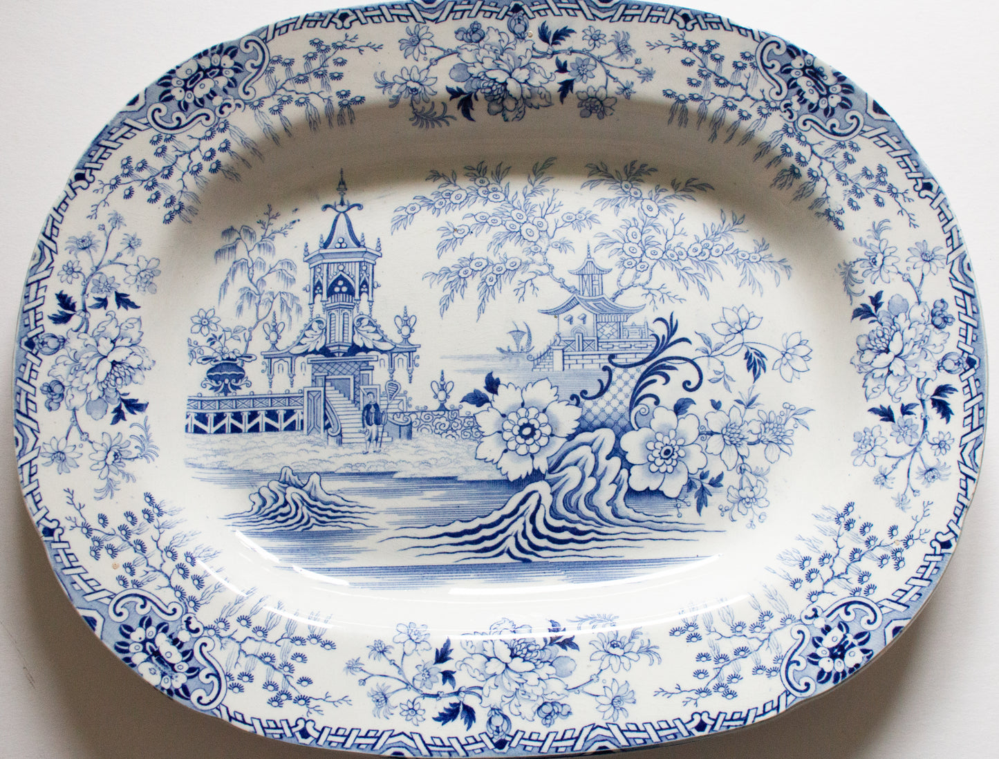 Antique Pagoda Pattern 18" Blue and White Transferware Meat Platter