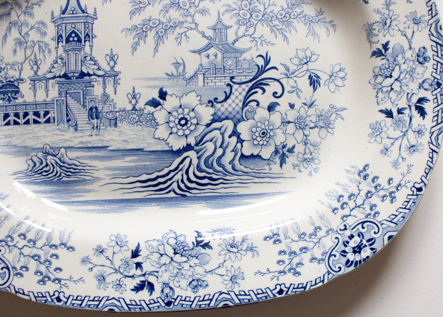 Antique Pagoda Pattern 18" Blue and White Transferware Meat Platter