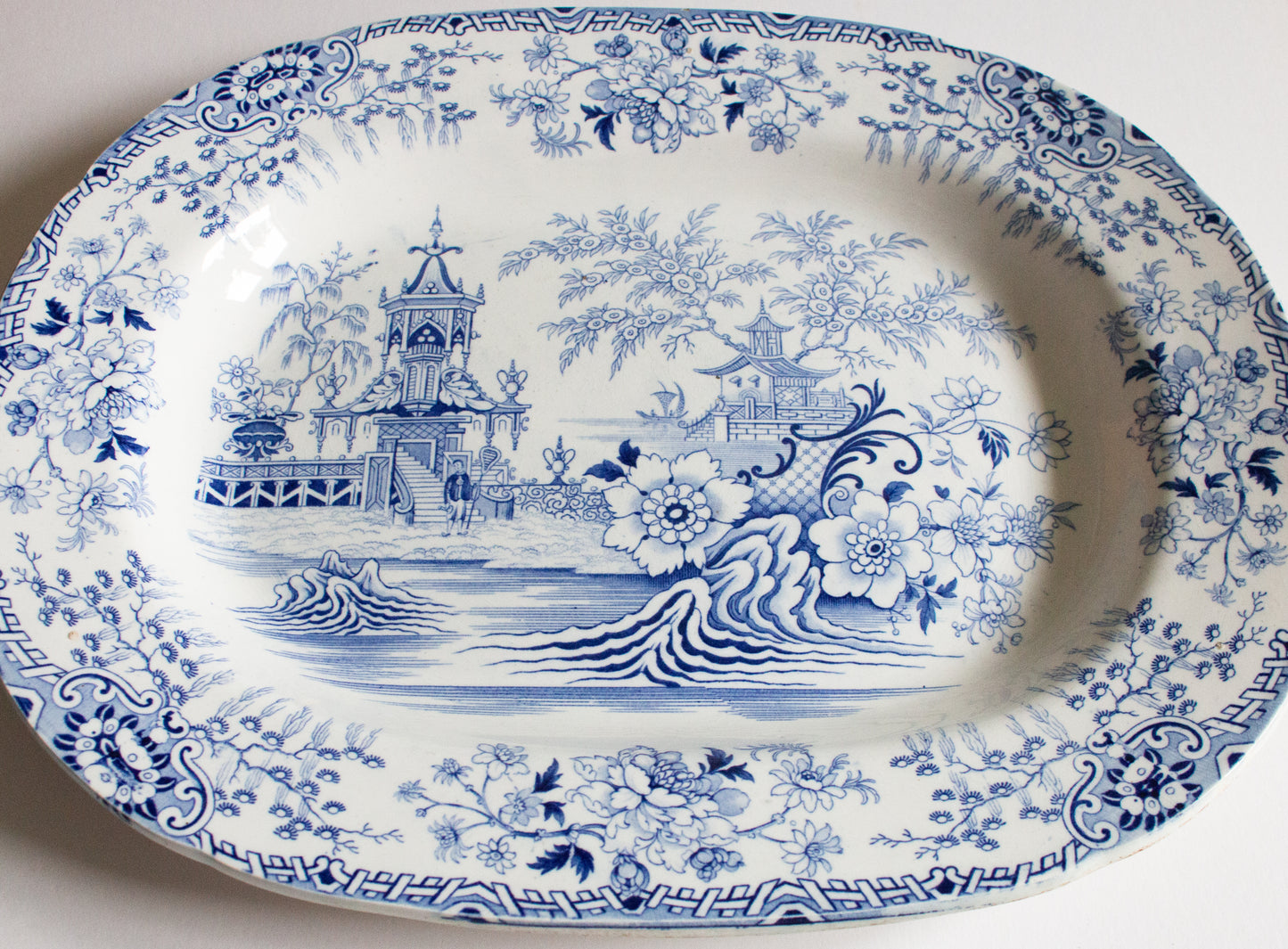 Antique Pagoda Pattern 18" Blue and White Transferware Meat Platter