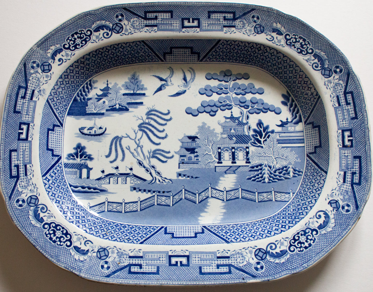 Antique 'Willow' Pattern 18" Blue and White Transferware Meat Platter