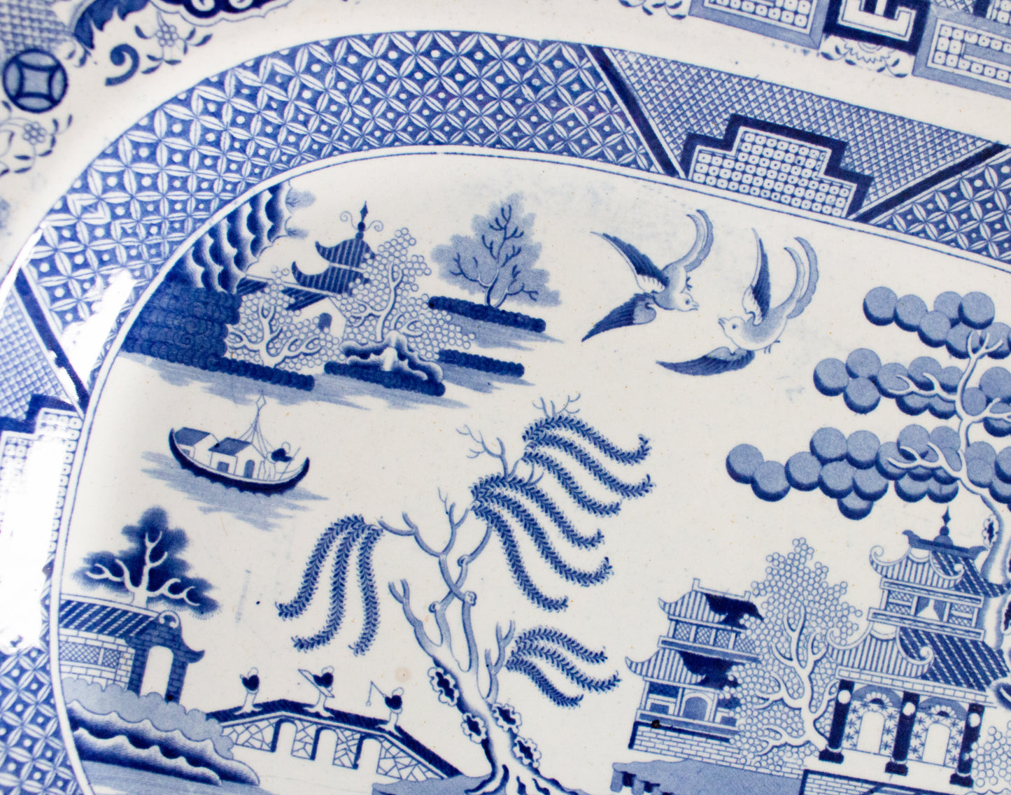 Antique 'Willow' Pattern 18" Blue and White Transferware Meat Platter