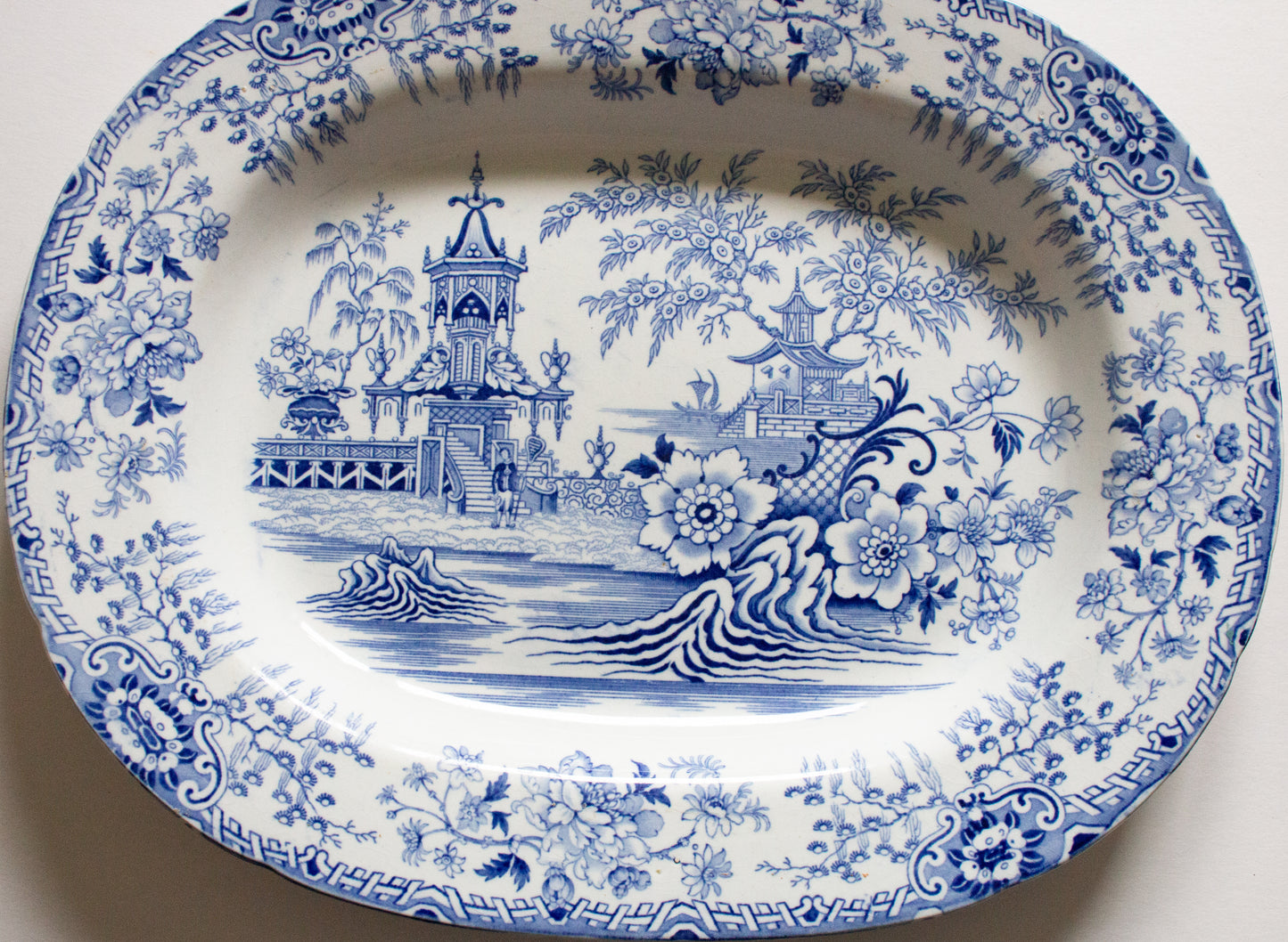 Antique Pagoda Pattern 18" Blue and White Transferware Meat Platter