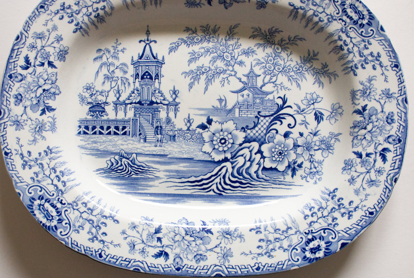 Antique Pagoda Pattern 18" Blue and White Transferware Meat Platter