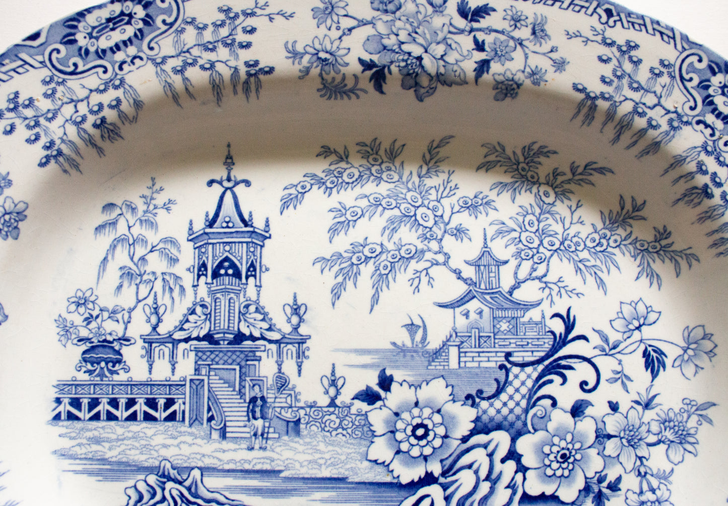 Antique Pagoda Pattern 18" Blue and White Transferware Meat Platter