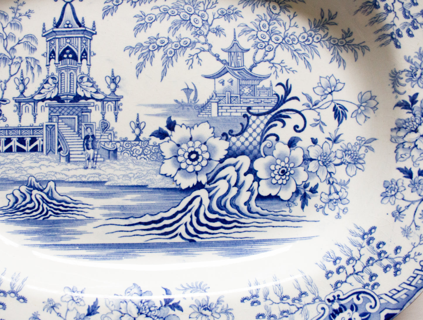 Antique Pagoda Pattern 18" Blue and White Transferware Meat Platter