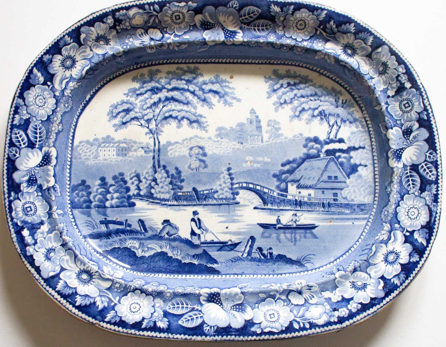 Large Antique Ironstone 17" Blue and White Meat Platter with Fisherman and Rose Border Pattern