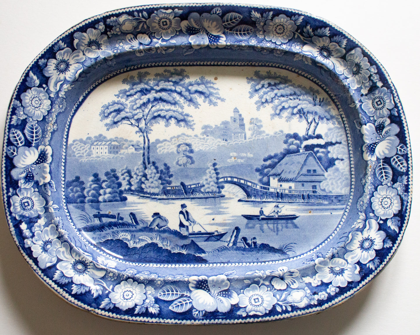 Large Antique Ironstone 17" Blue and White Meat Platter with Fisherman and Rose Border Pattern