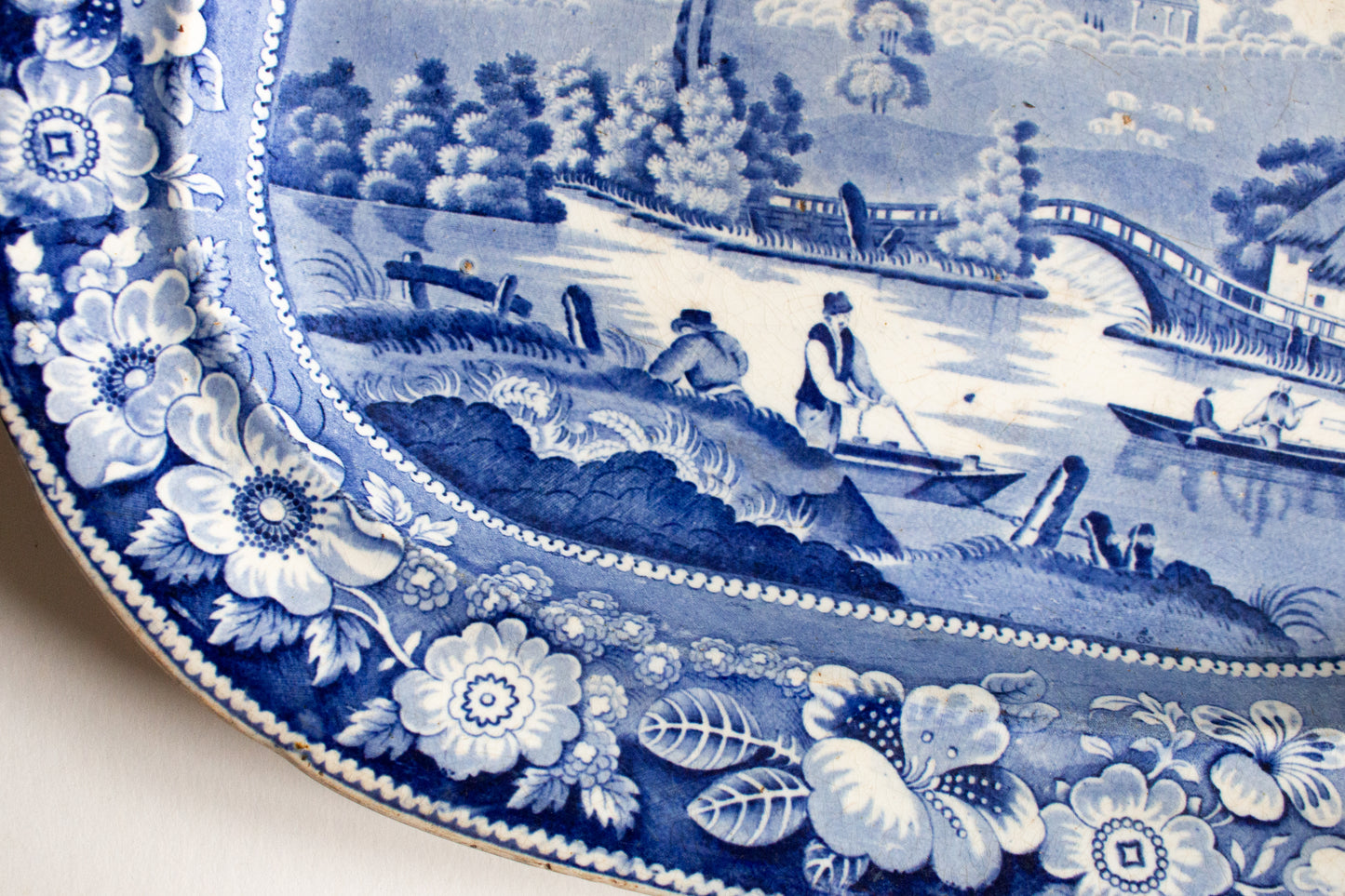 Large Antique Ironstone 17" Blue and White Meat Platter with Fisherman and Rose Border Pattern