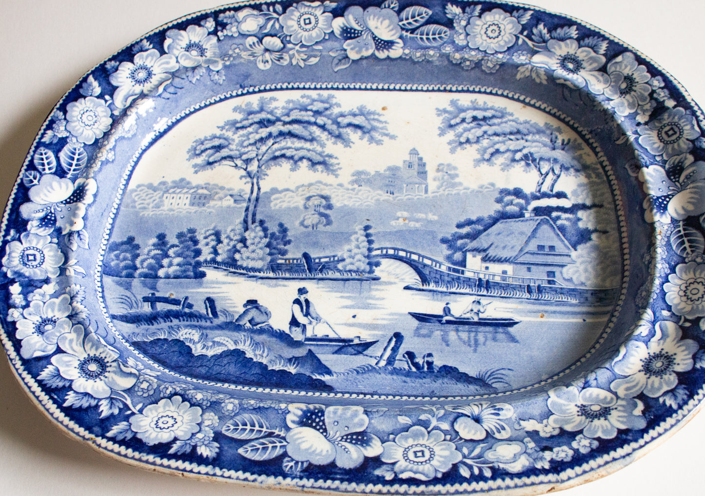 Large Antique Ironstone 17" Blue and White Meat Platter with Fisherman and Rose Border Pattern