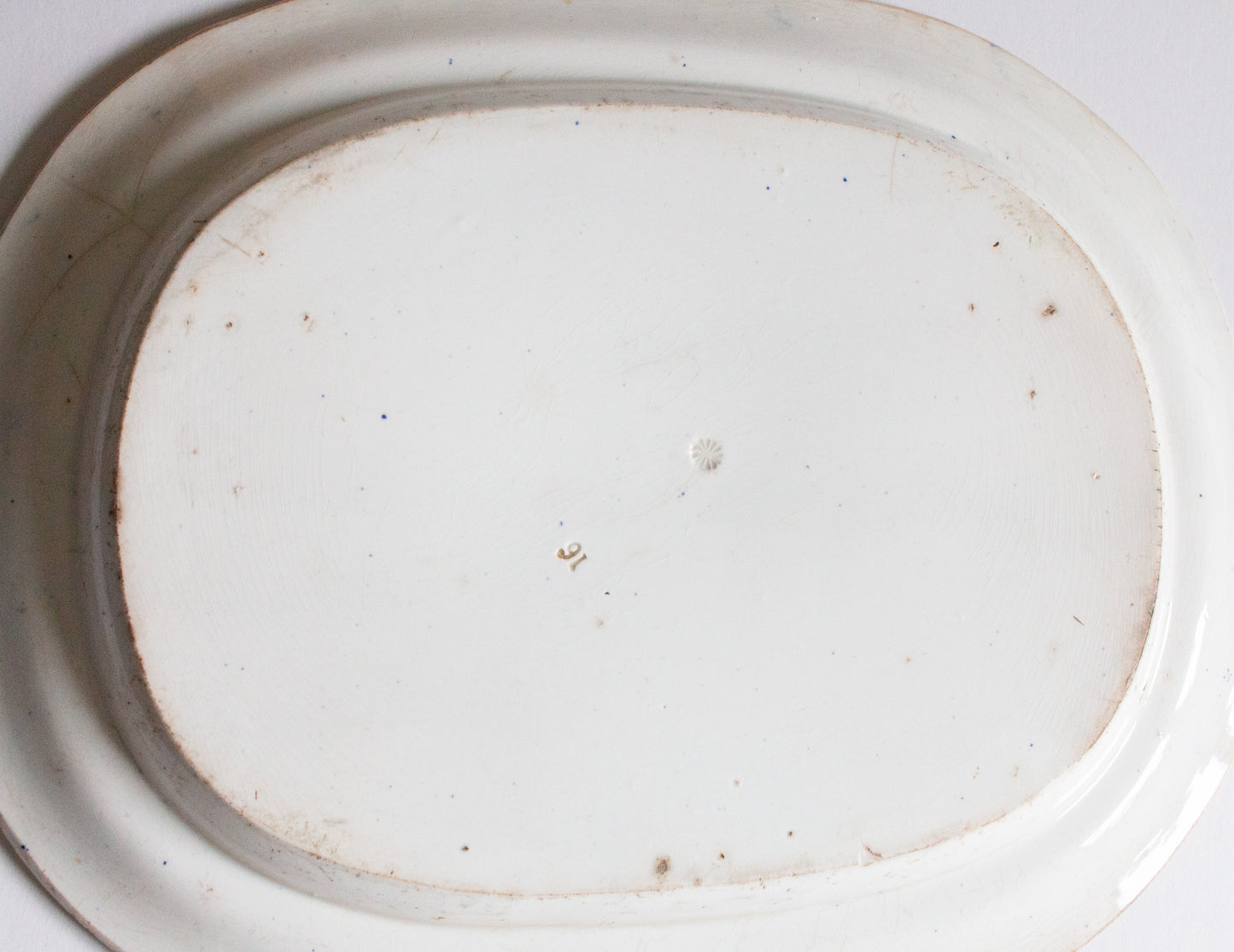 Large Antique Ironstone 17" Blue and White Meat Platter with Fisherman and Rose Border Pattern