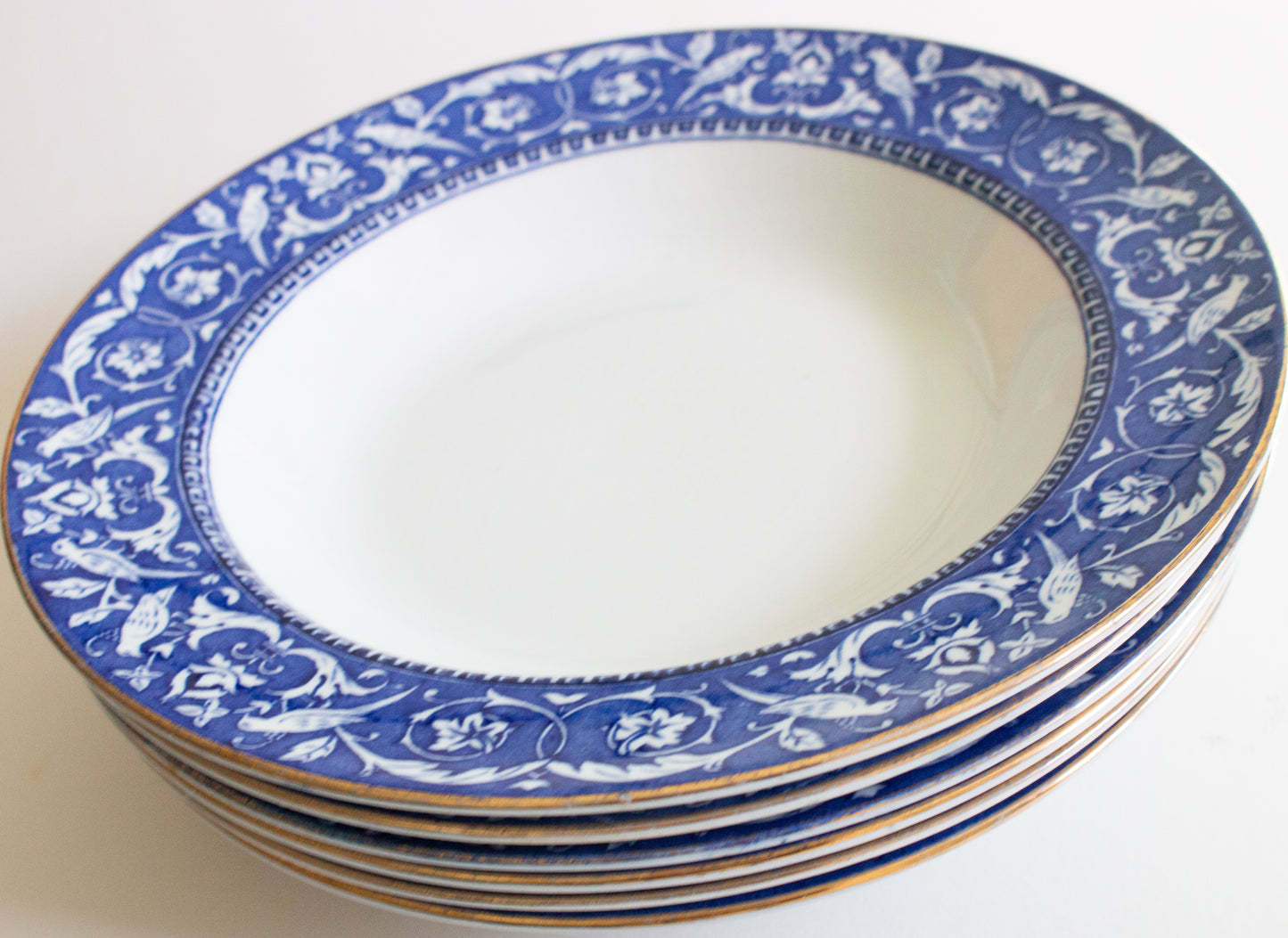 Newport Pottery Co. Burlsem England 'Medallion' Pattern Blue and White Transferware Rimmed Soup Plates or Bowls (6)