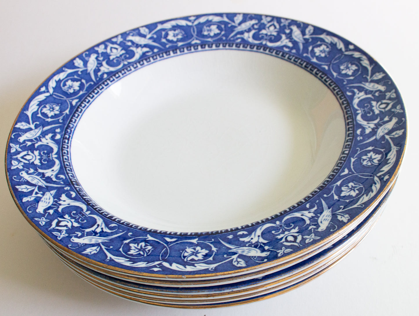 Newport Pottery Co. Burlsem England 'Medallion' Pattern Blue and White Transferware Rimmed Soup Plates or Bowls (6)