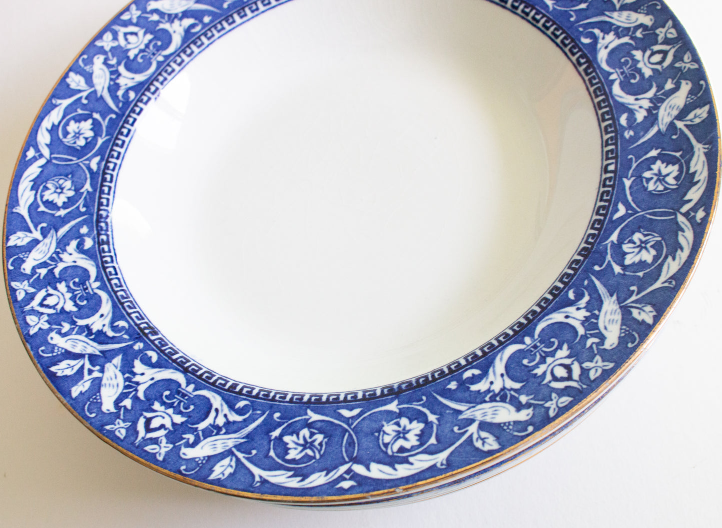 Newport Pottery Co. Burlsem England 'Medallion' Pattern Blue and White Transferware Rimmed Soup Plates or Bowls (6)