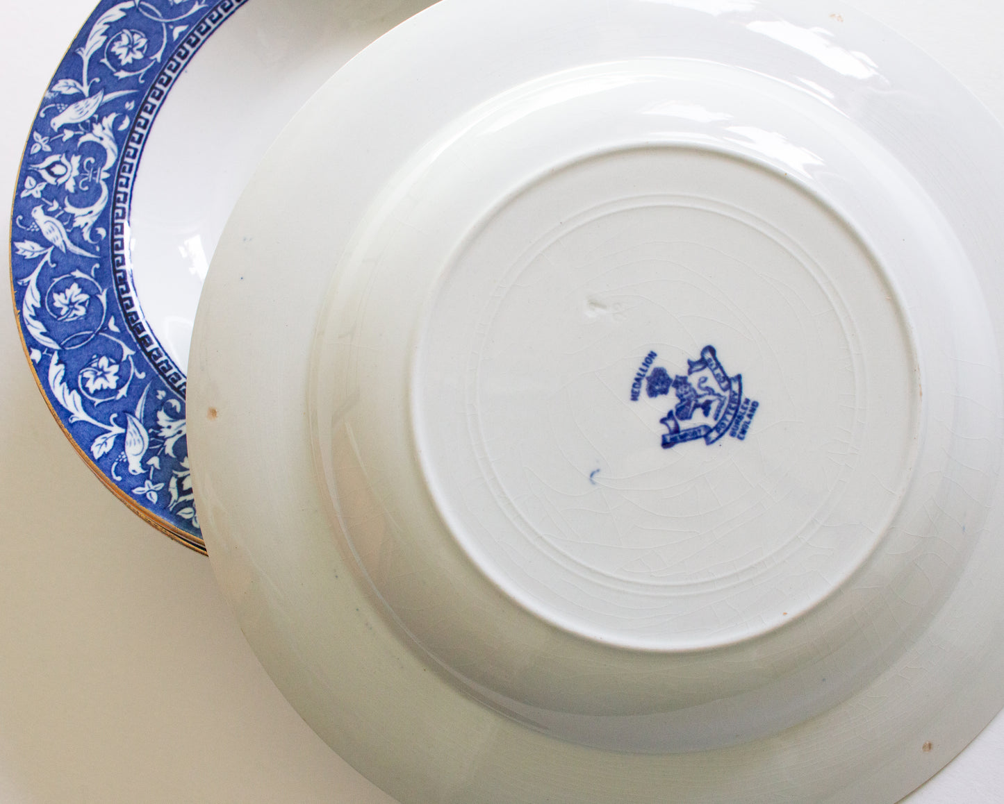 Newport Pottery Co. Burlsem England 'Medallion' Pattern Blue and White Transferware Rimmed Soup Plates or Bowls (6)