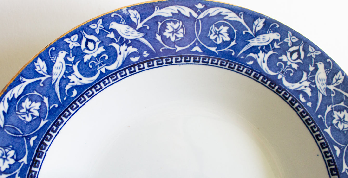 Newport Pottery Co. Burlsem England 'Medallion' Pattern Blue and White Transferware Rimmed Soup Plates or Bowls (6)