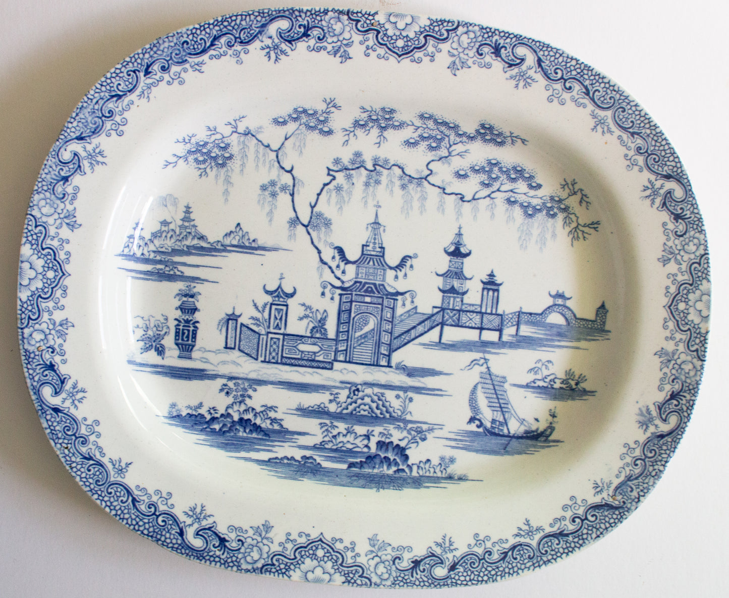 Antique Pagoda Pattern Blue and White Transferware 14" Serving Platter