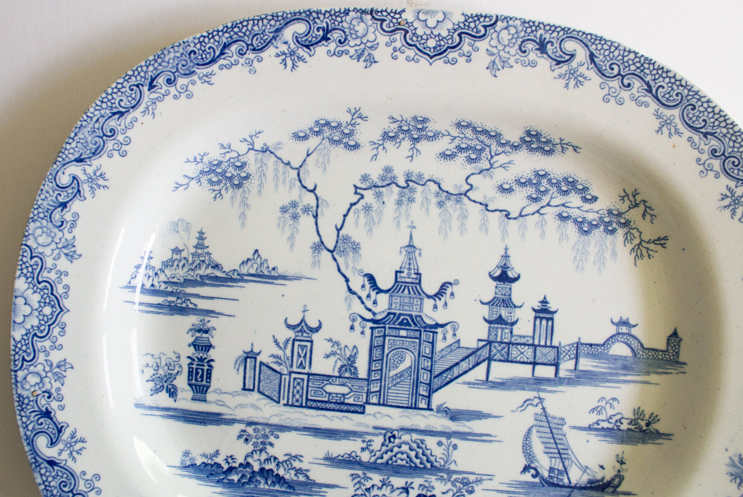 Antique Pagoda Pattern Blue and White Transferware 14" Serving Platter