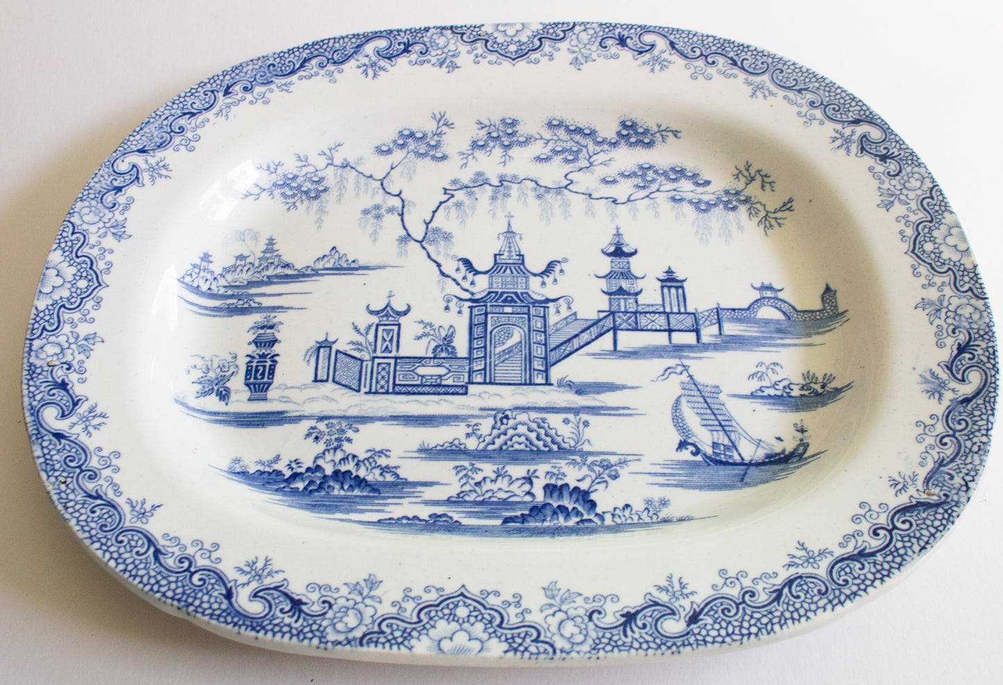 Antique Pagoda Pattern Blue and White Transferware 14" Serving Platter