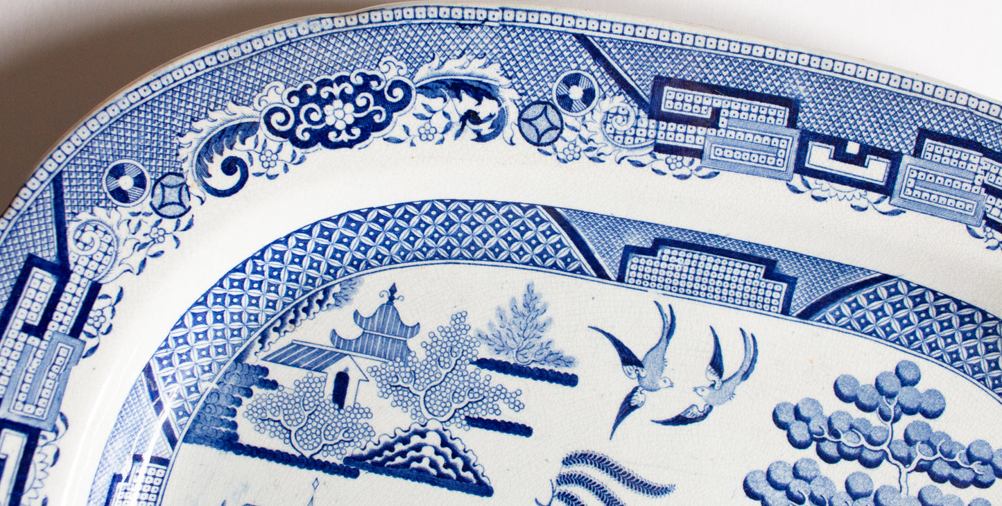 Antique 'Willow' Pattern 18" Blue and White Transferware Serving Platter