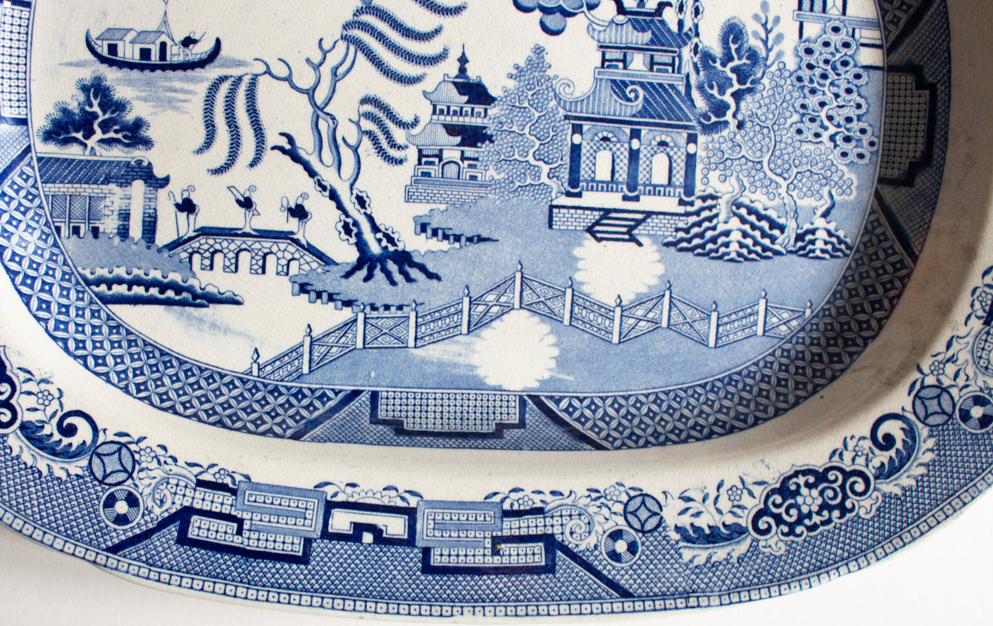 Antique 'Willow' Pattern 18" Blue and White Transferware Serving Platter