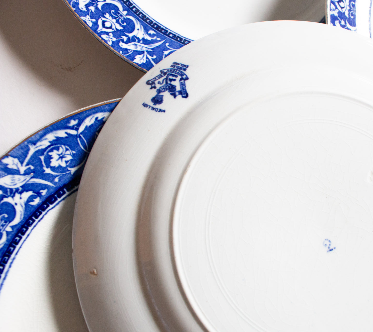 Newport Pottery Co. Burlsem England 'Medallion' Pattern Blue and White Transferware 10" Plates (4)